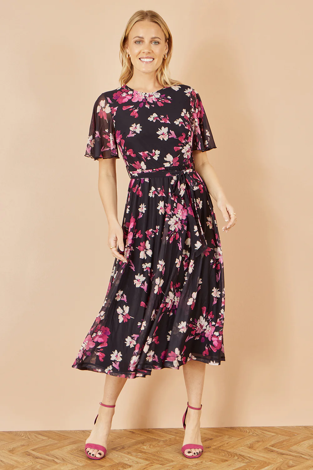 Yumi Black Mesh Skater Floral Midi Dress - Image 6