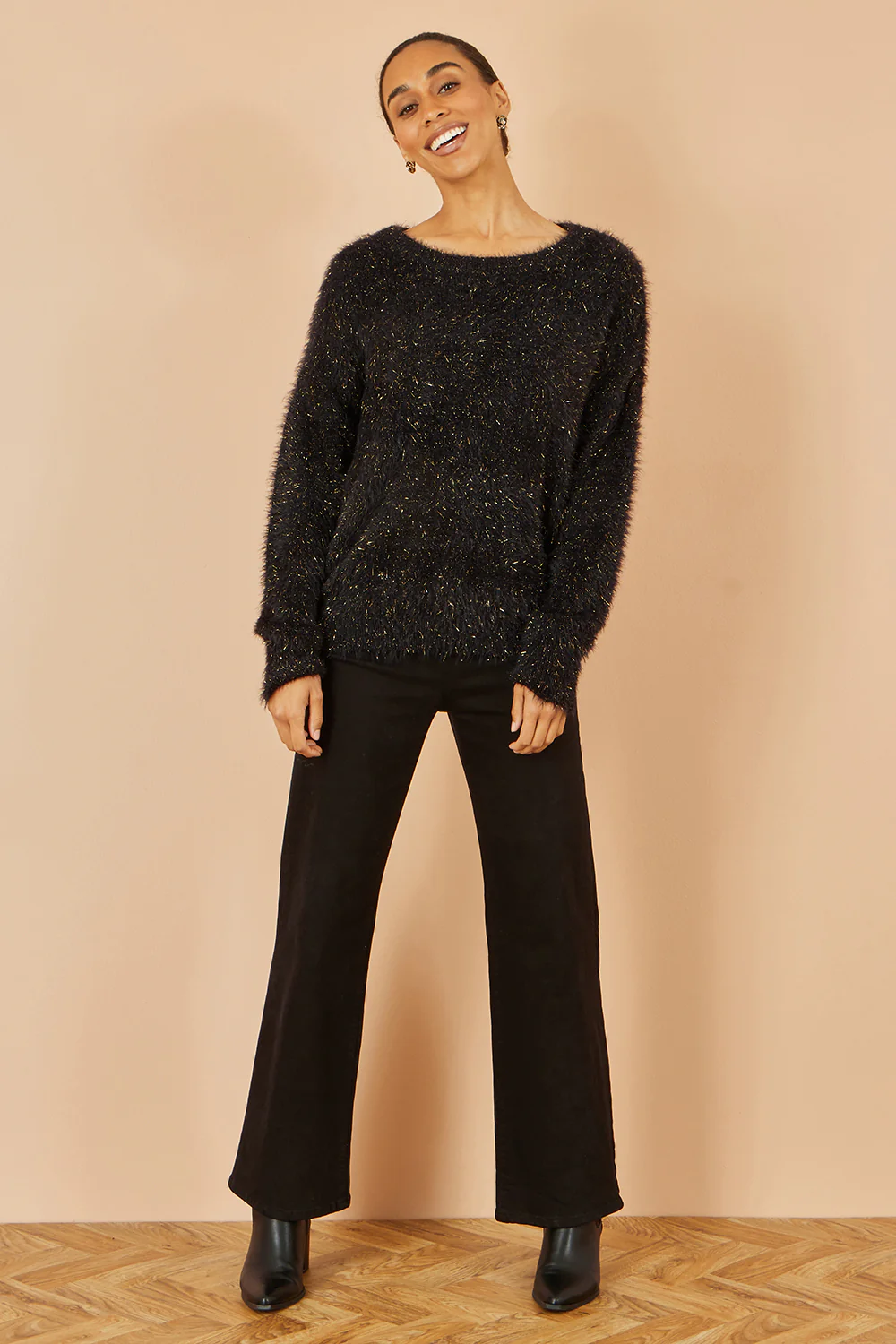 Yumi Black Metallic Fluffy Eyelash Relaxed Jumper - Image 2