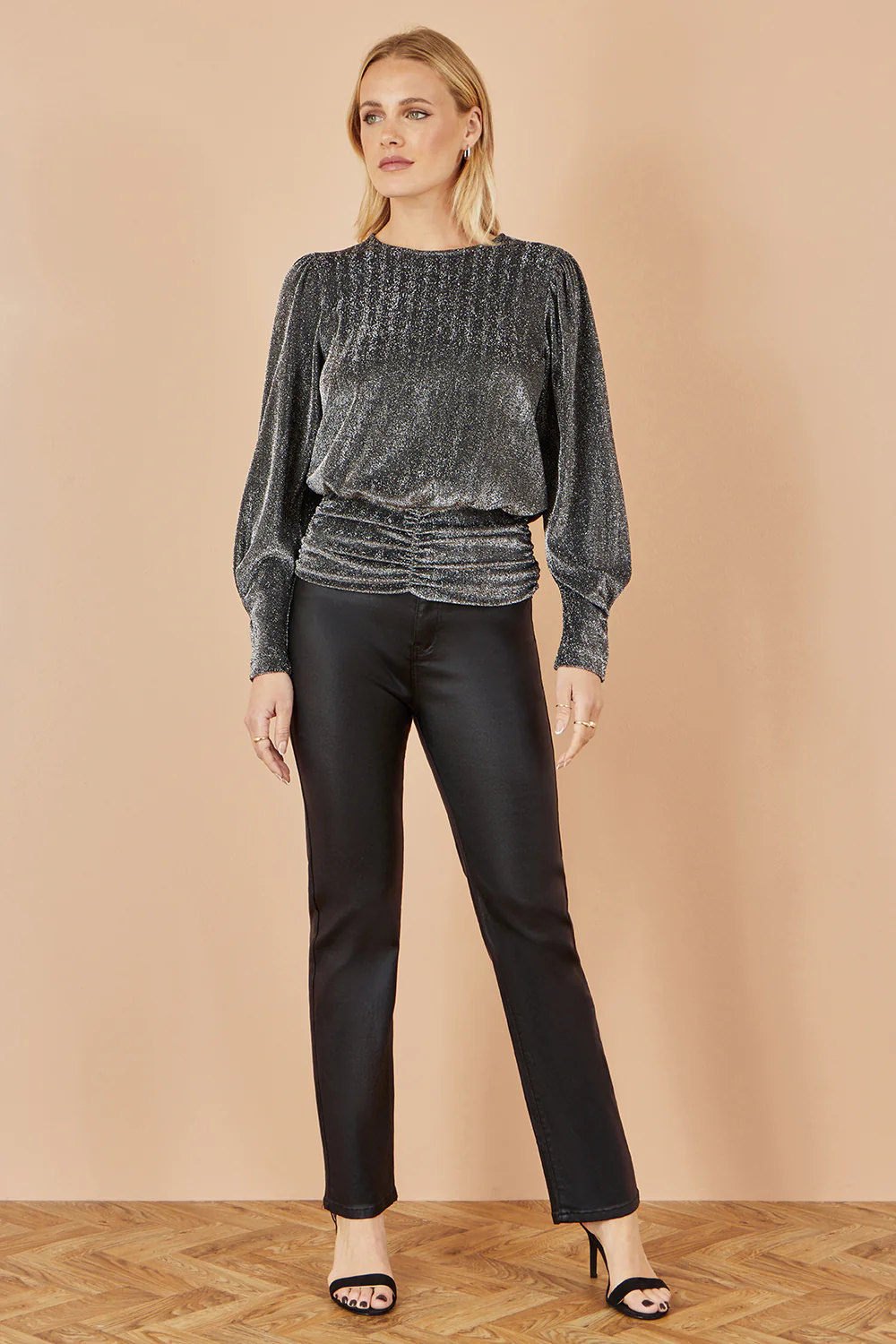 Yumi Black Metallic Stretch Ruched Hem Top - Image 2