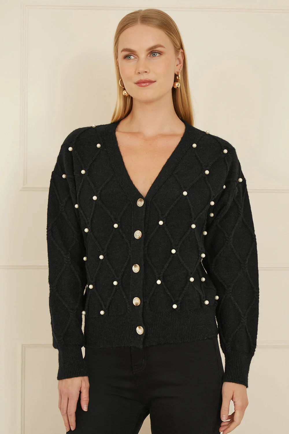 Yumi Black Pearl Cable Knit Cardigan - Image 4