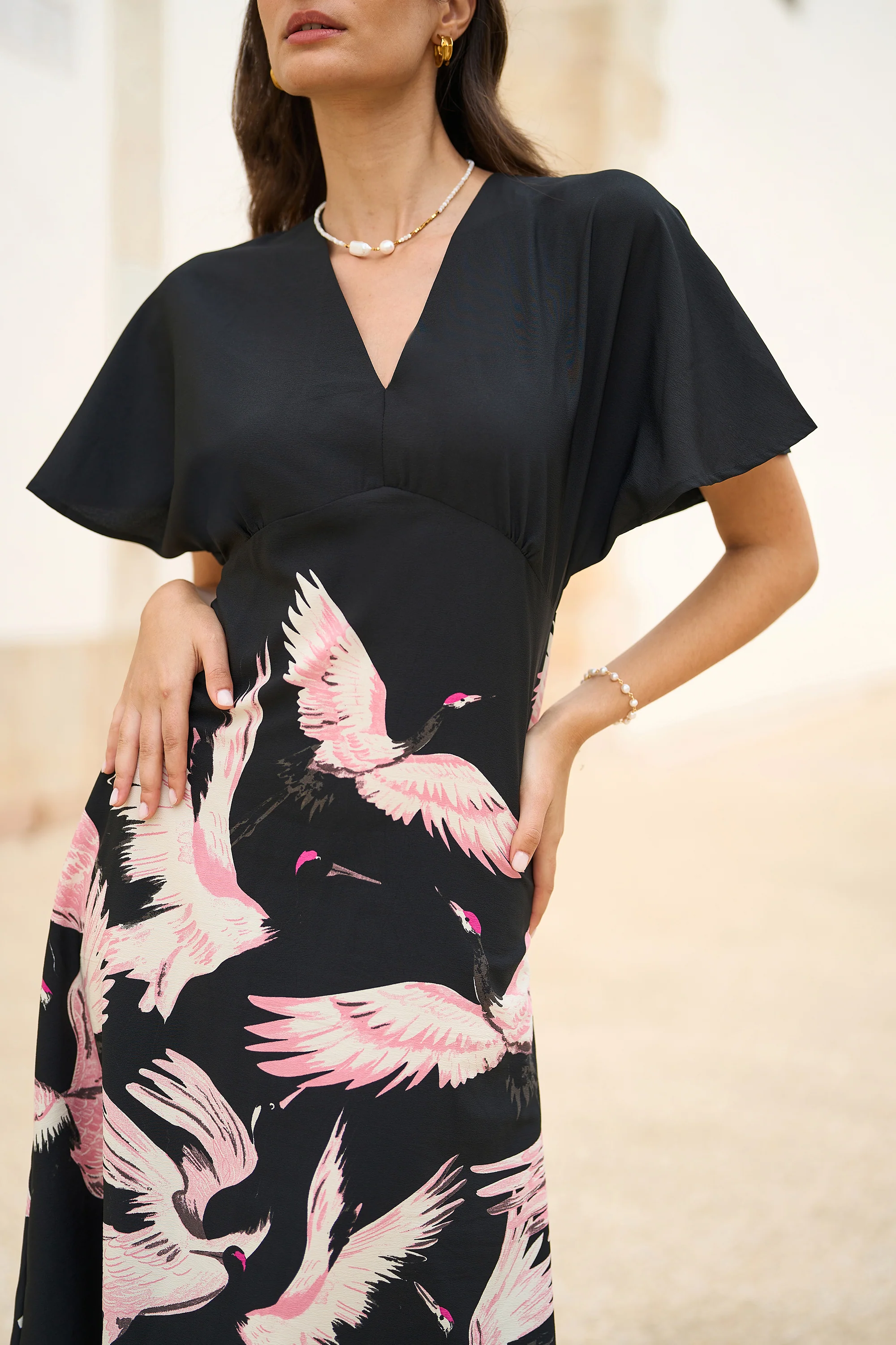 Yumi Black Recycled Fabric Crane Print Kimono Midi Dress - Image 3