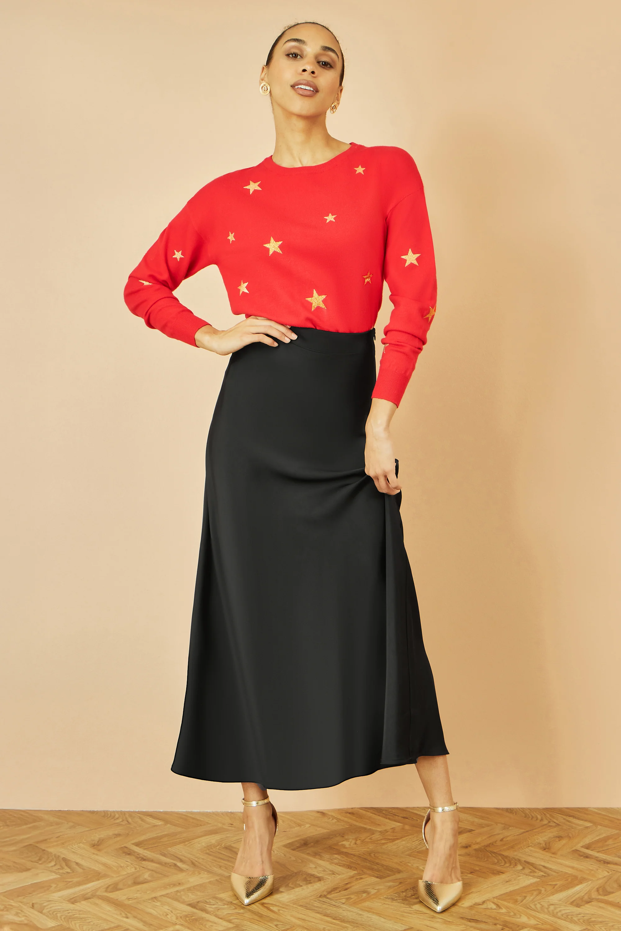 Yumi Black Satin Midi Skirt - Image 2