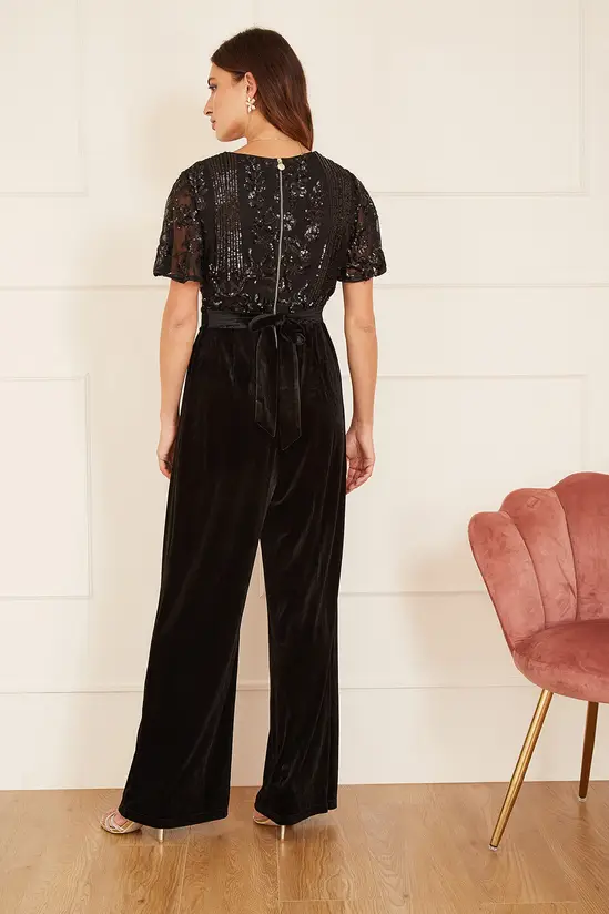 Yumi Black Sequin Embellished Velvet Jumpsuit With Angel Sleeves - Image 3