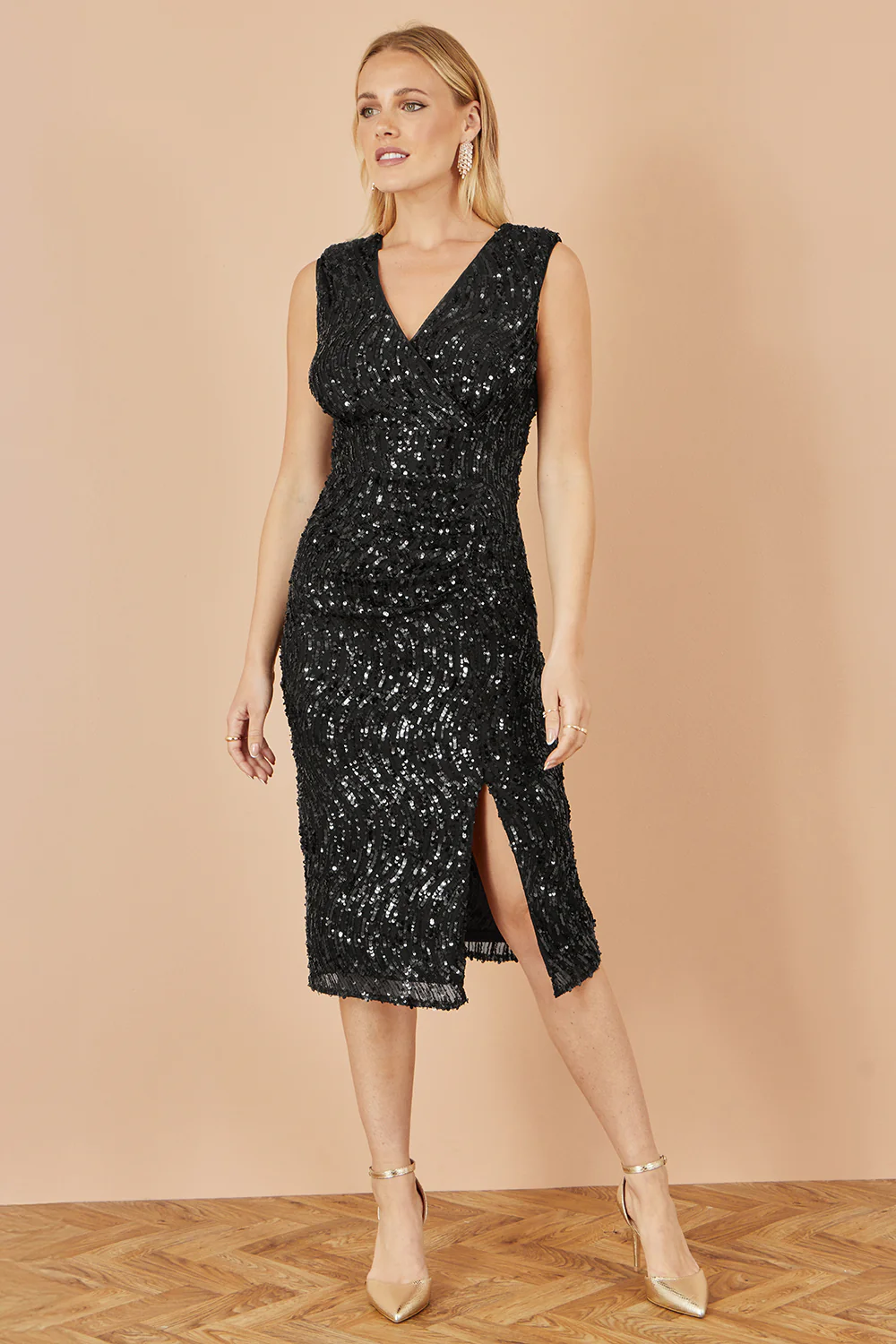 Yumi Black Sequin Fitted Wrap Dress With Split Hem - Image 3