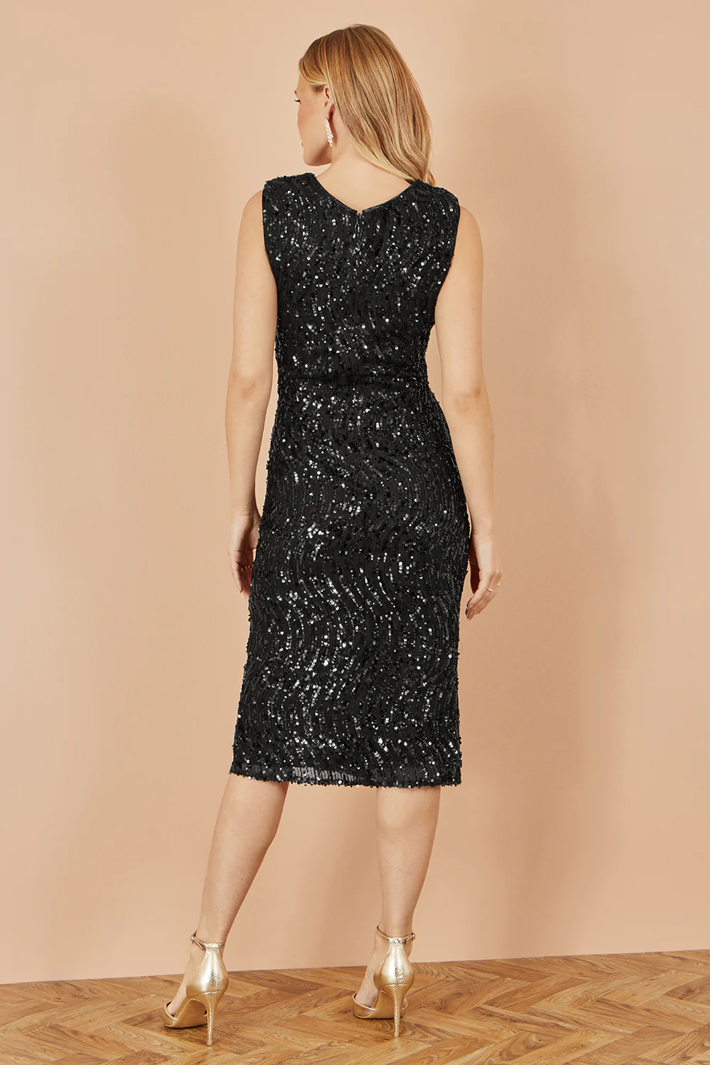Yumi Black Sequin Fitted Wrap Dress With Split Hem - Image 4