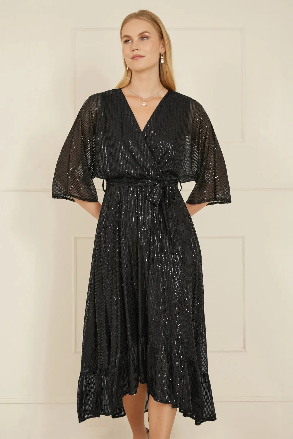 Yumi Black Sequin Kimono Midi Wrap Dress - Image 4