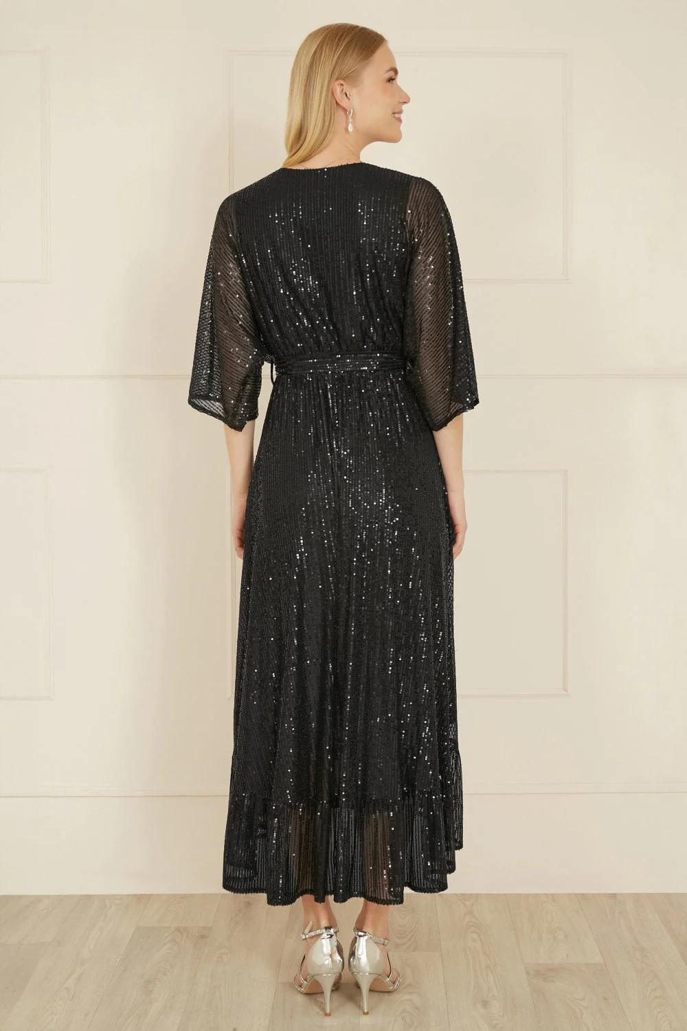 Yumi Black Sequin Kimono Midi Wrap Dress - Image 5
