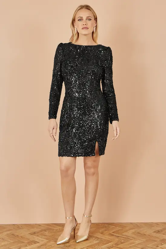 Yumi Black Sequin Long Sleeve Fitted Dress - Image 2