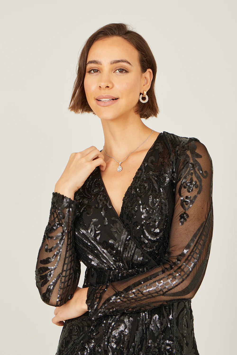 Yumi Black Sequin Midi Wrap Dress With Split Hemline And Long Sleeves - Image 2