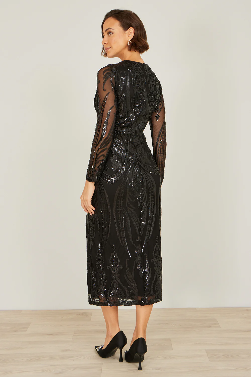 Yumi Black Sequin Midi Wrap Dress With Split Hemline And Long Sleeves - Image 4