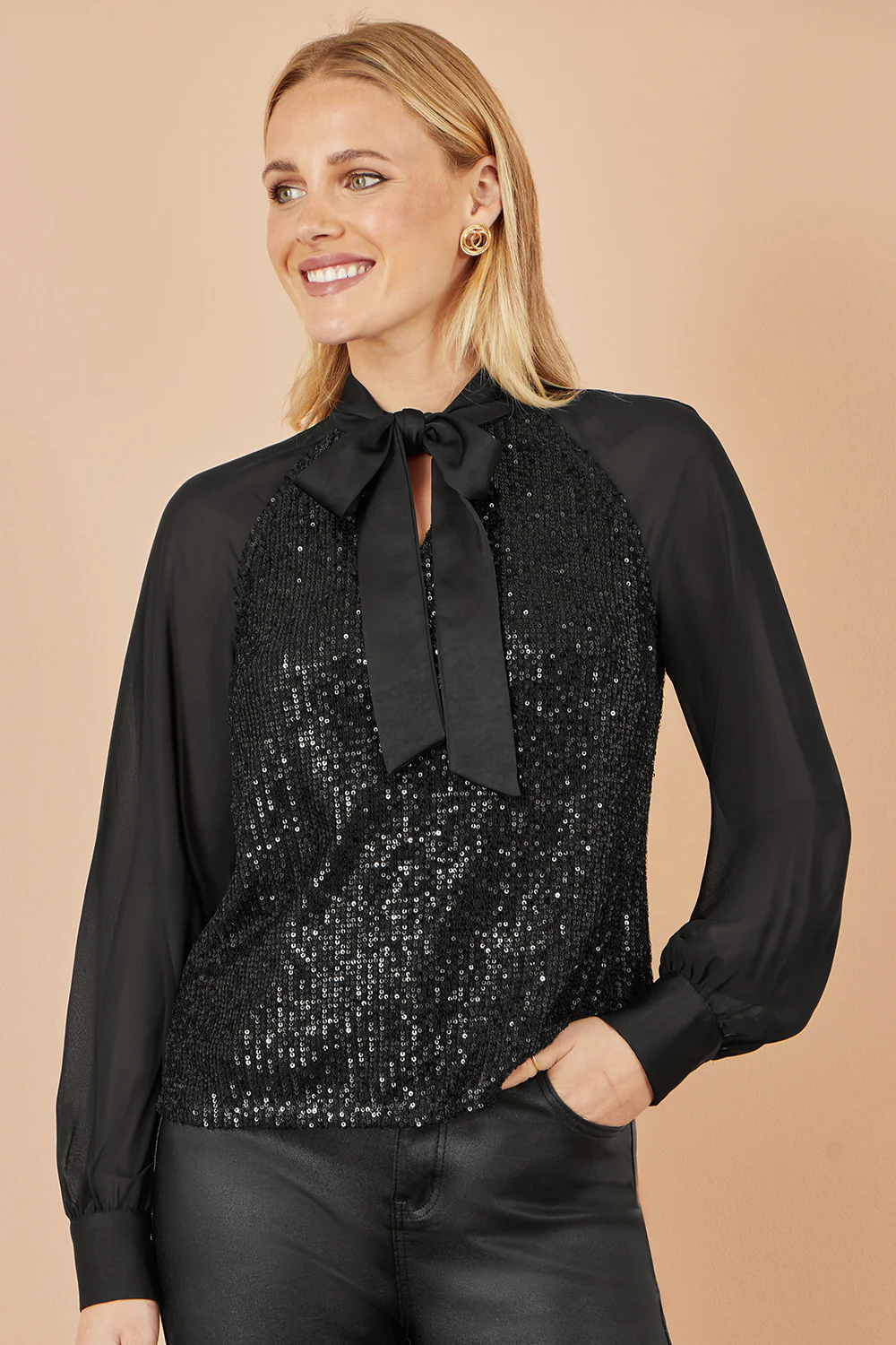 Yumi Black Sequin Pussy Bow Top - Image 2