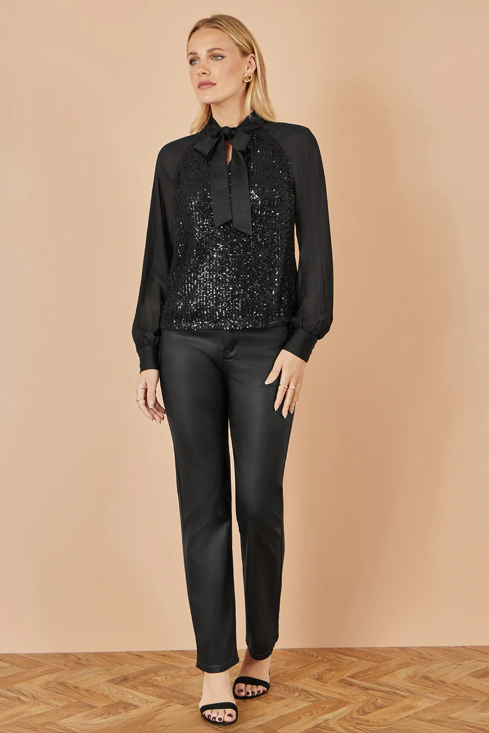Yumi Black Sequin Pussy Bow Top - Image 3