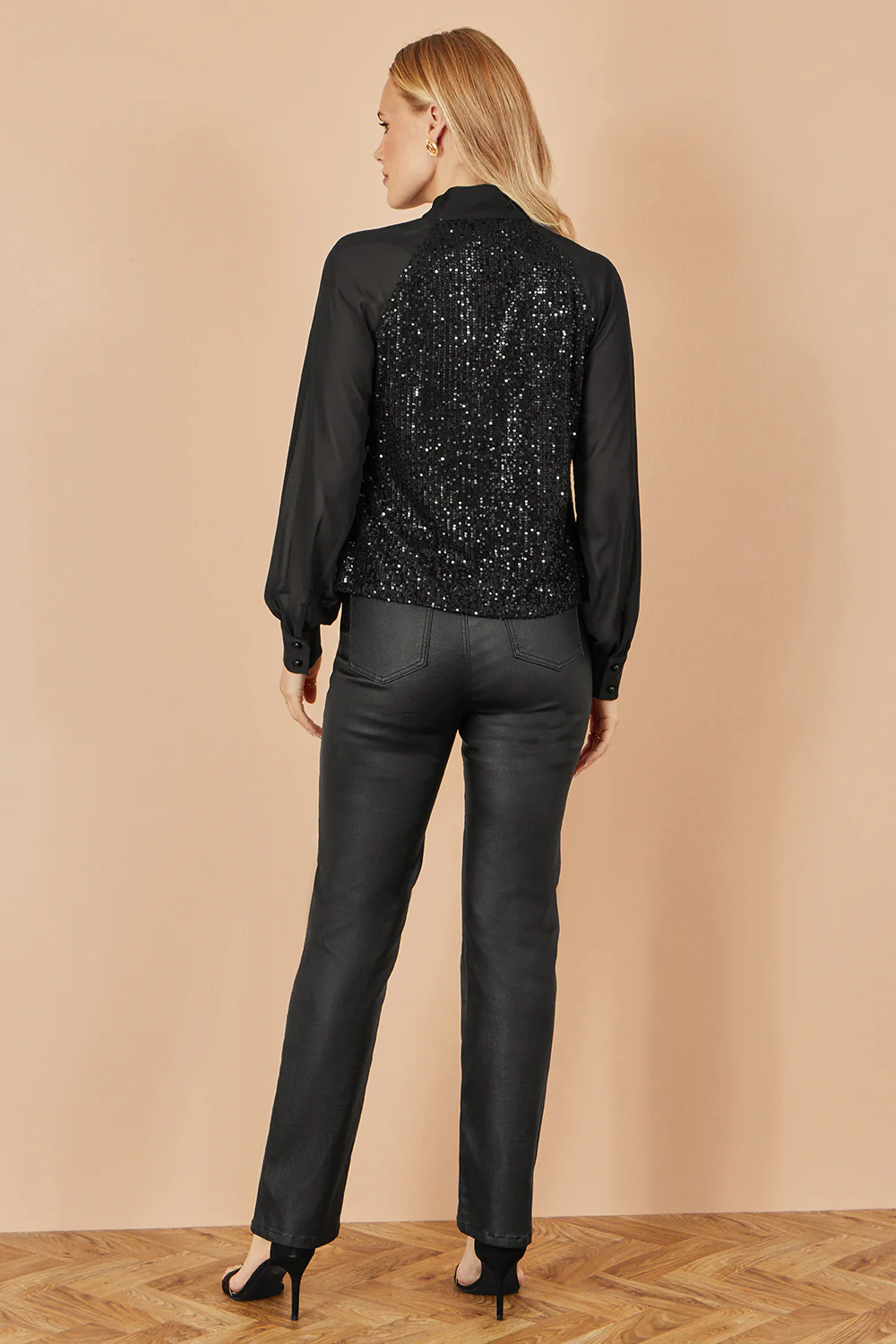 Yumi Black Sequin Pussy Bow Top - Image 4