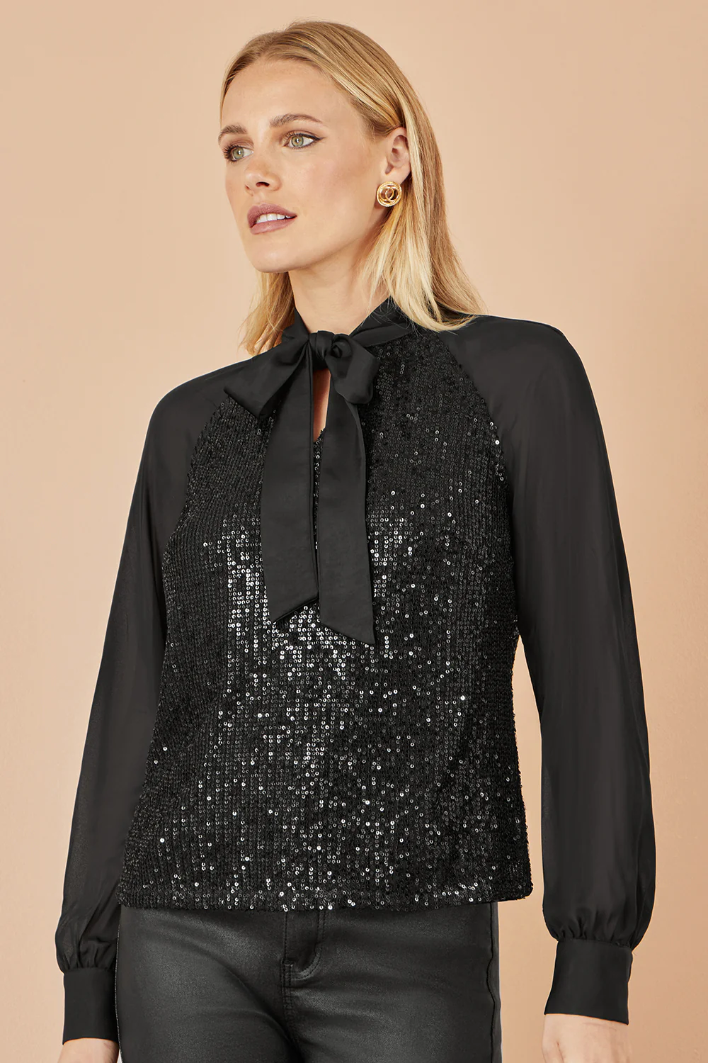 Yumi Black Sequin Pussy Bow Top - Image 5