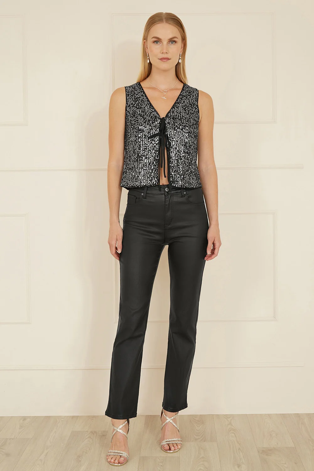 Yumi Black Sequin Tie Front Waistcoat - Image 3