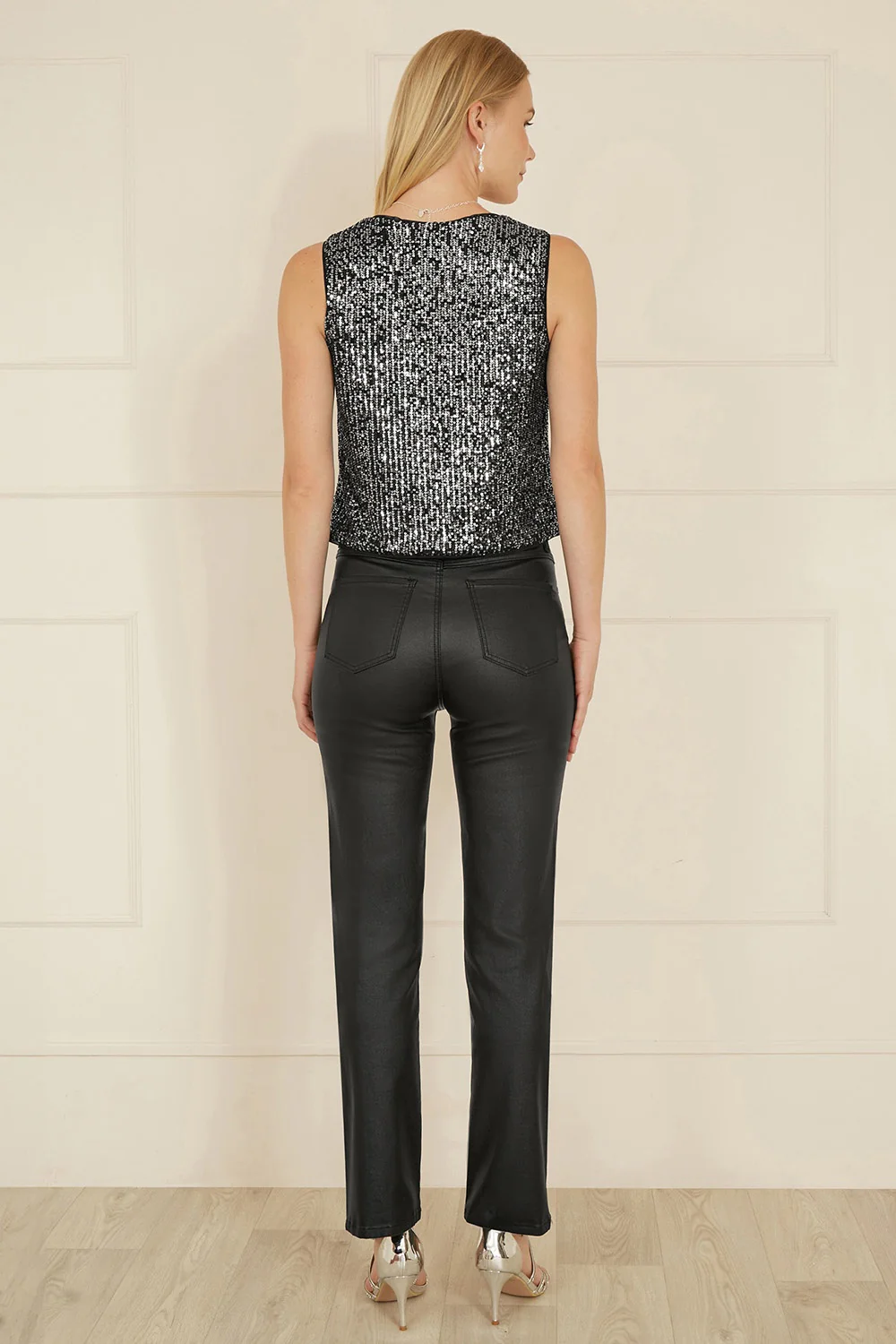 Yumi Black Sequin Tie Front Waistcoat - Image 4