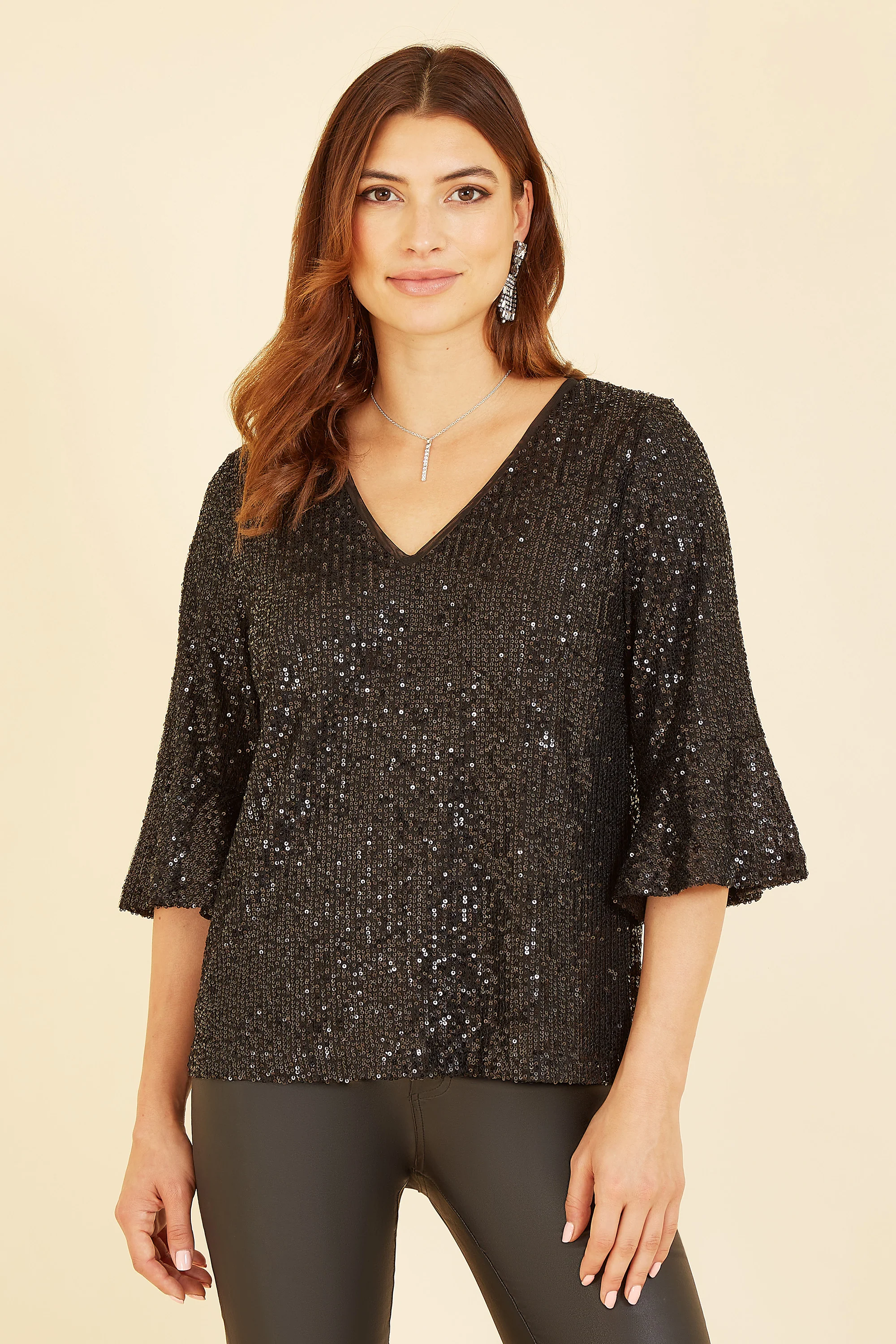 Yumi Black Sequin Top With Fluted Sleeve - Image 2