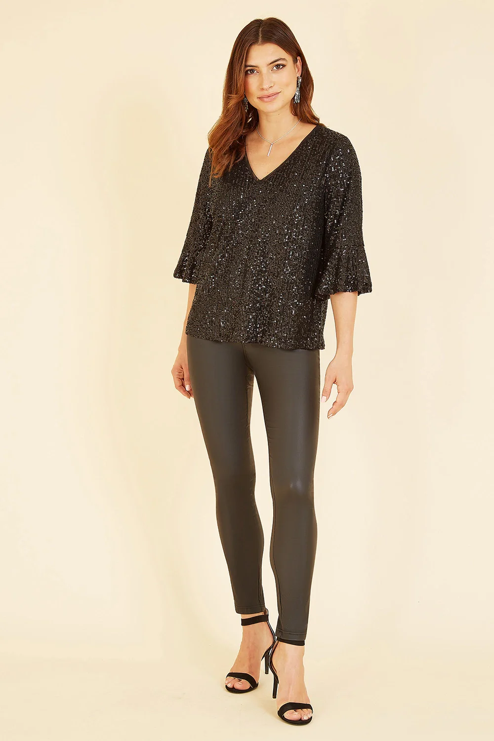 Yumi Black Sequin Top With Fluted Sleeve - Image 3