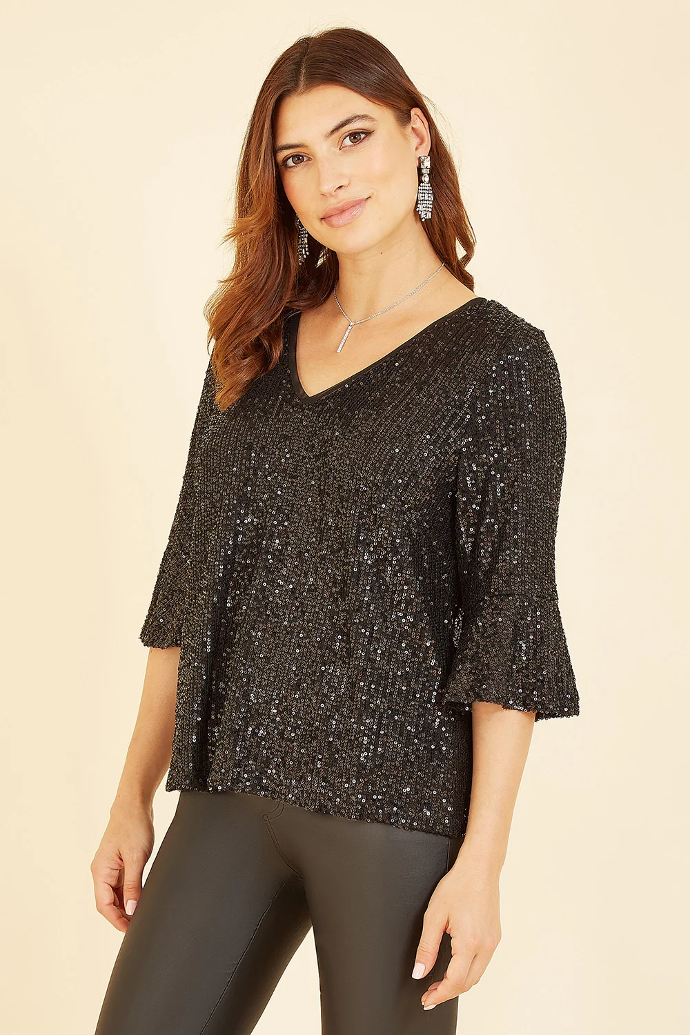 Yumi Black Sequin Top With Fluted Sleeve - Image 4