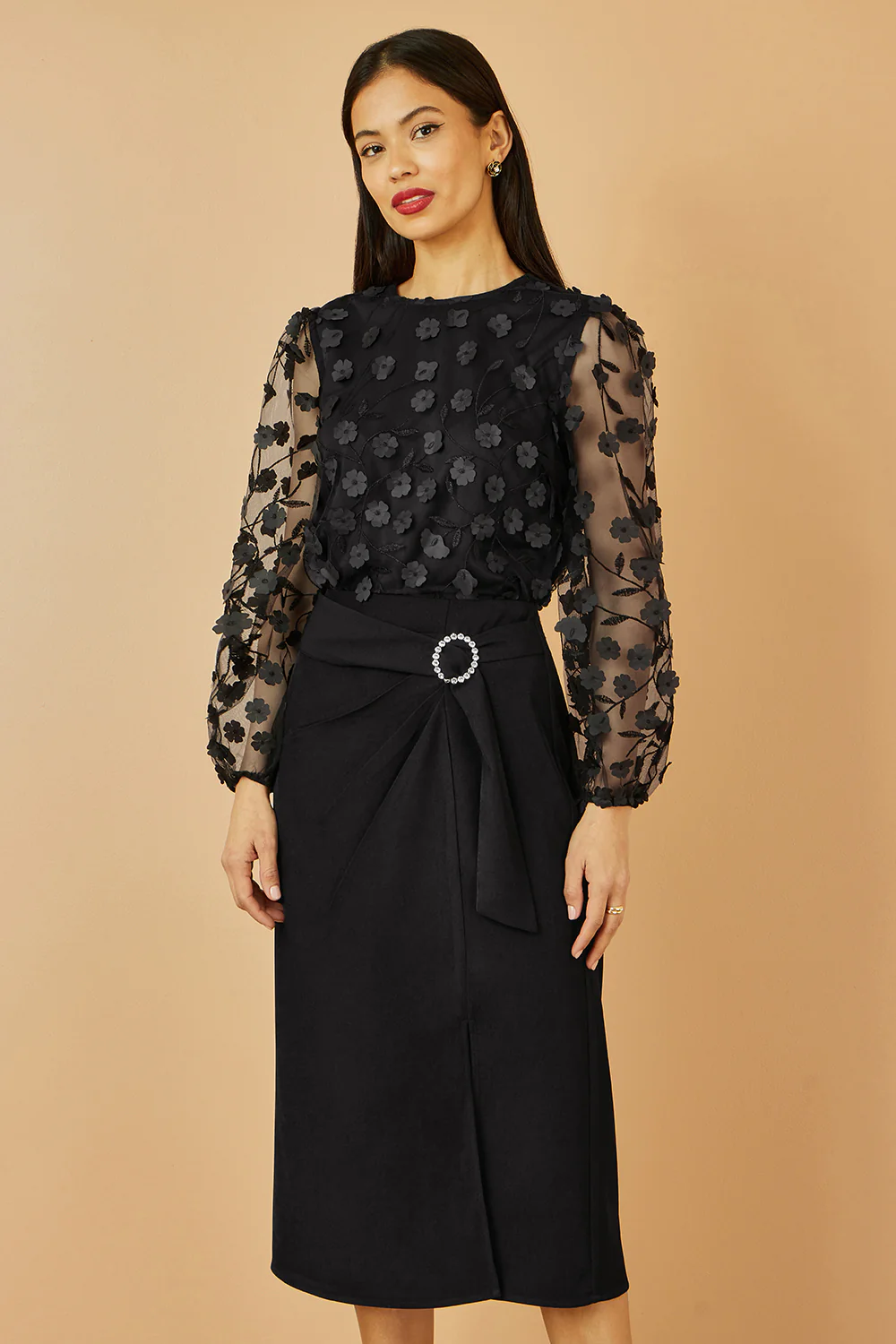 Yumi Black Sheer Sleeve Applique Flower Top - Image 2
