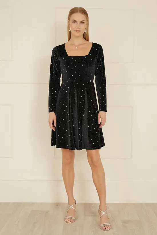 Yumi Black Skater Dress With Diamantes and Long Sleeve - Image 2