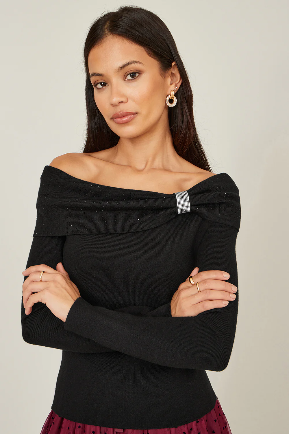 Yumi Black Sparkle Bardot Jumper With Diamante Detail - Image 3