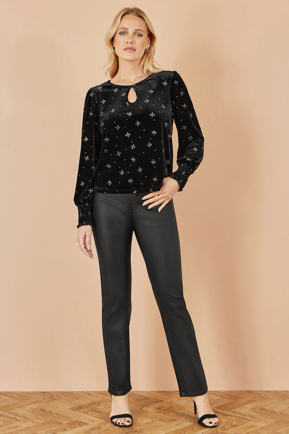 Yumi Black Sparkle Bow Print Velvet Top - Image 3