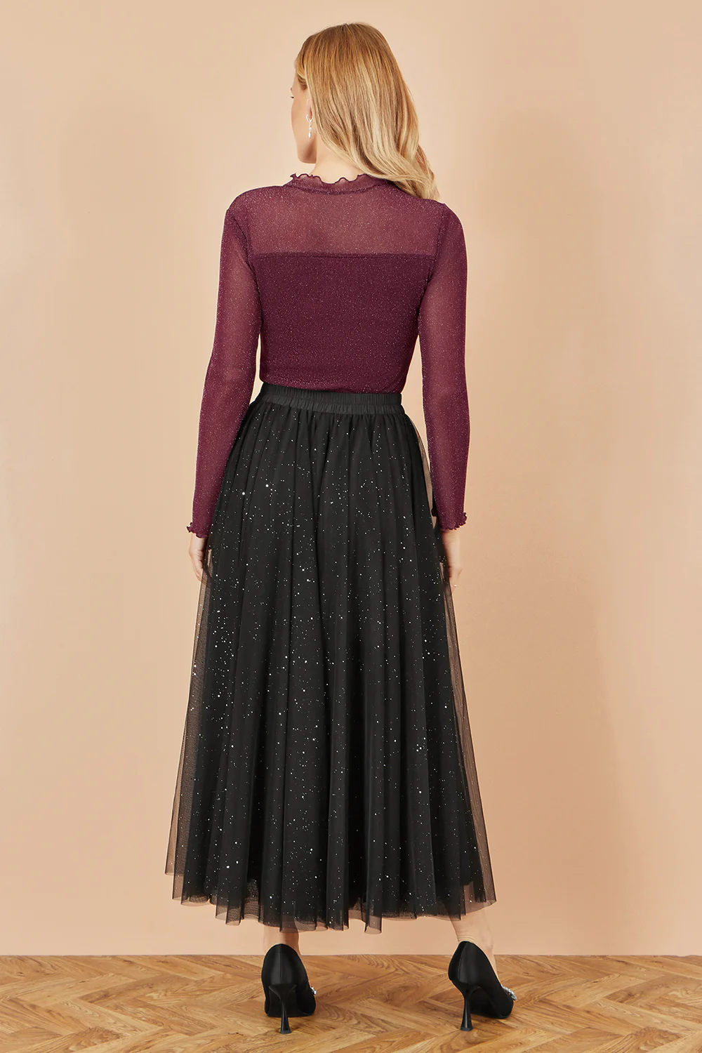Yumi Black Sparkle Mesh Tulle Skirt With Satin Bow - Image 3