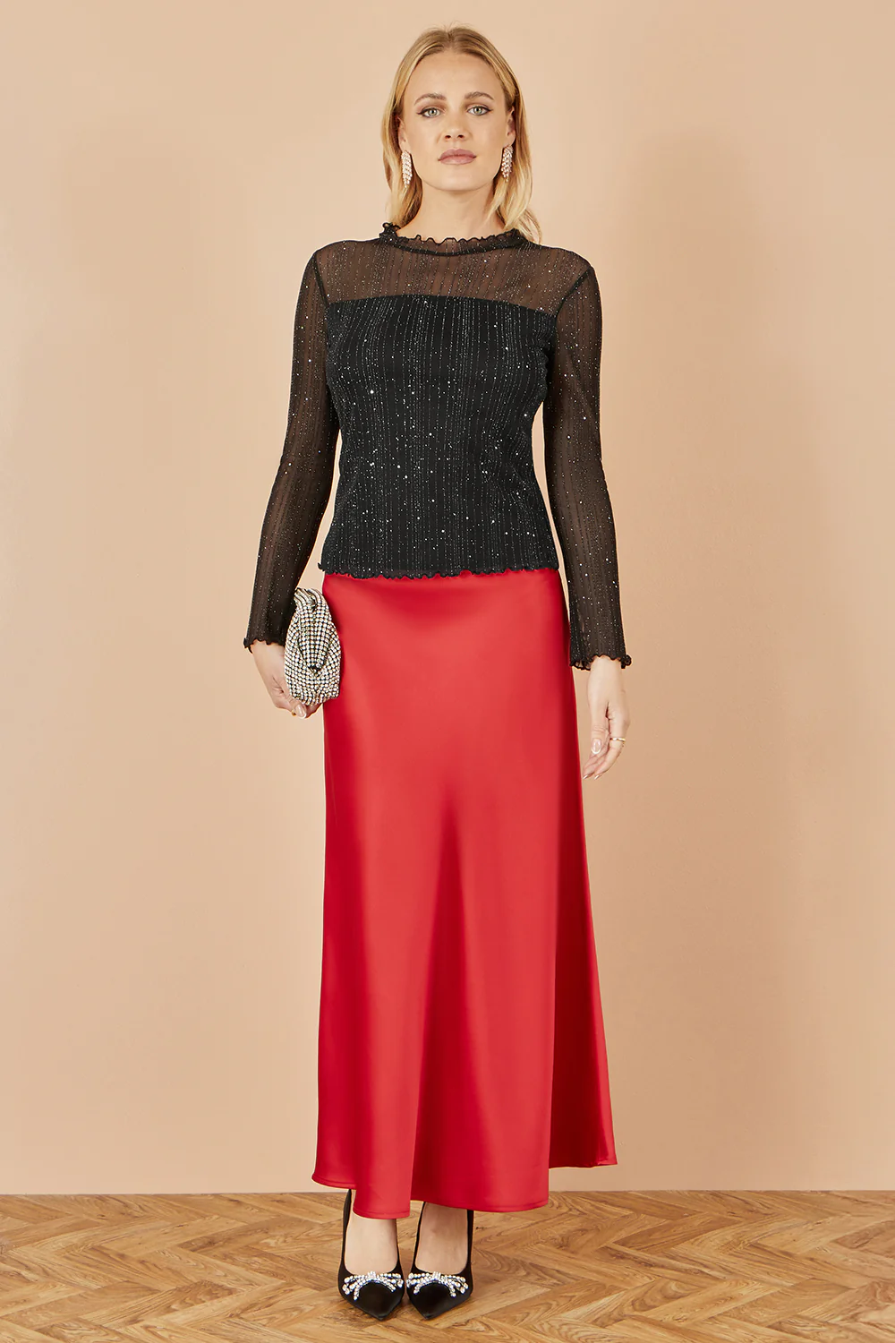 Yumi Black Sparkle Print Mesh Stretch Fitted Top - Image 2