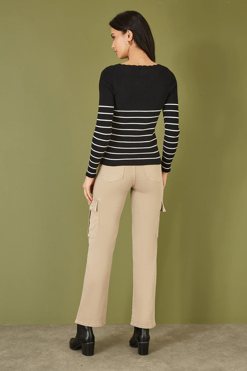 Yumi Black Stripe Rib Knitted Long Sleeve Top With Button Details - Image 3