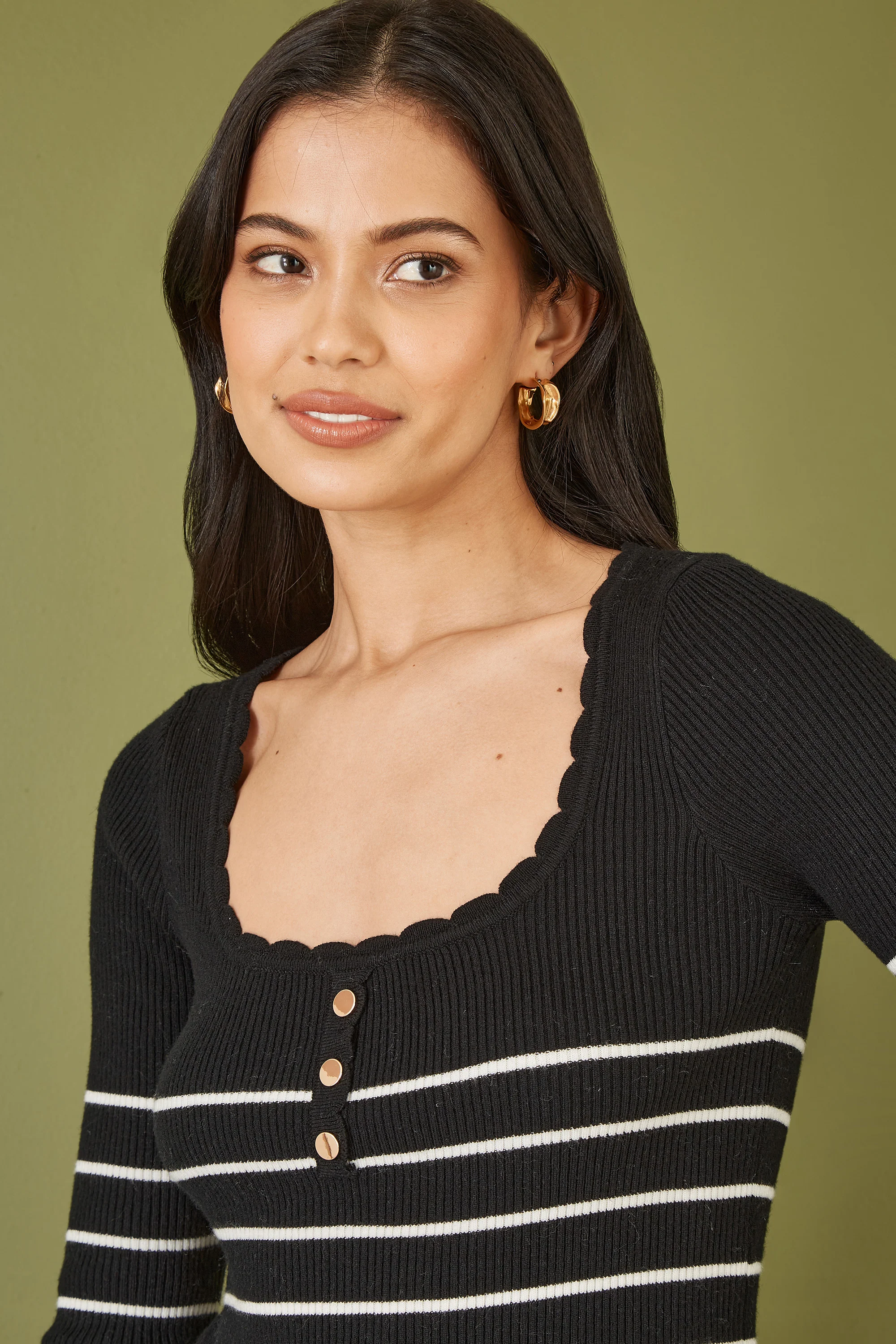 Yumi Black Stripe Rib Knitted Long Sleeve Top With Button Details - Image 4