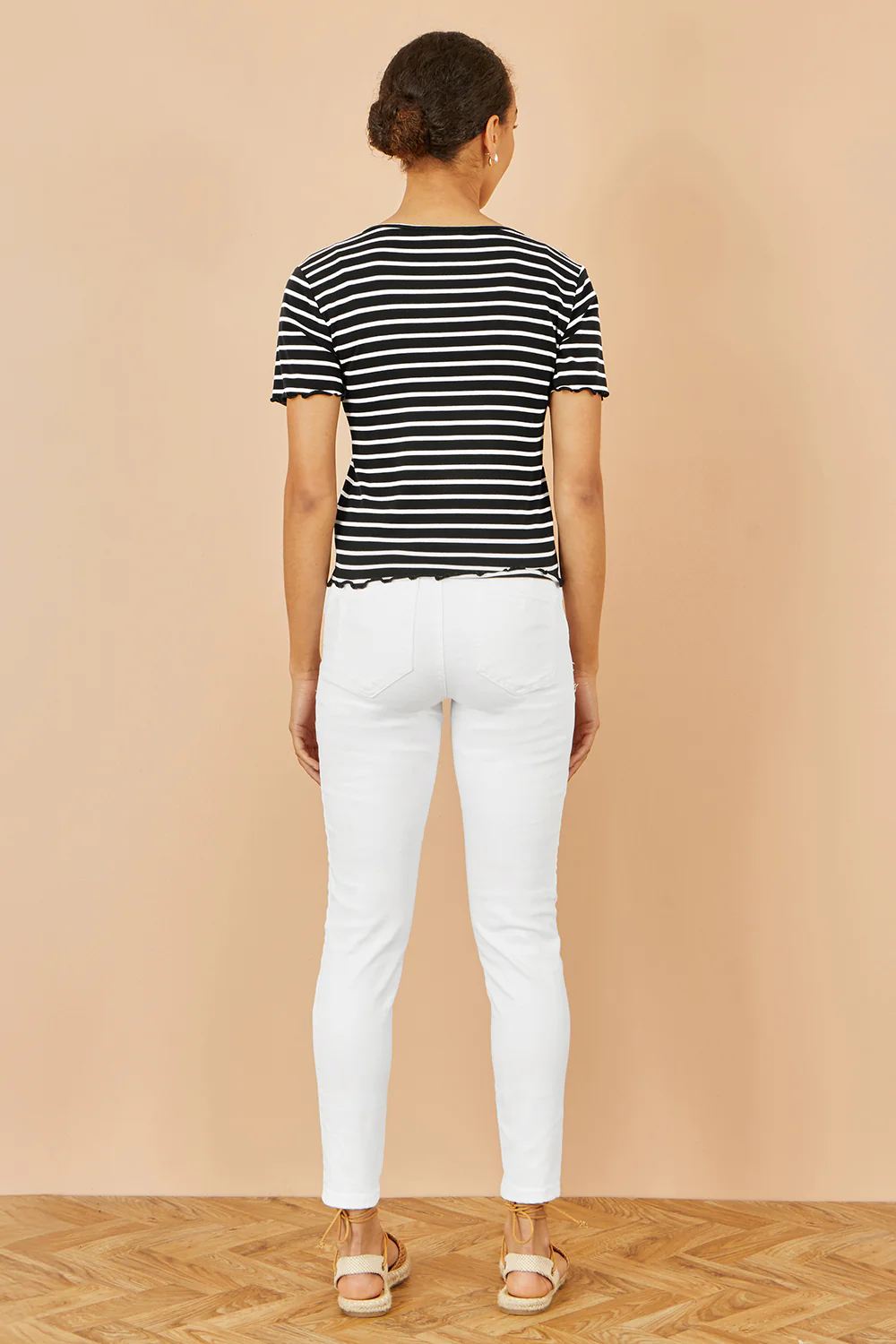 Yumi Black Striped Cotton Jersey Lettuce Trim T-Shirt - Image 5