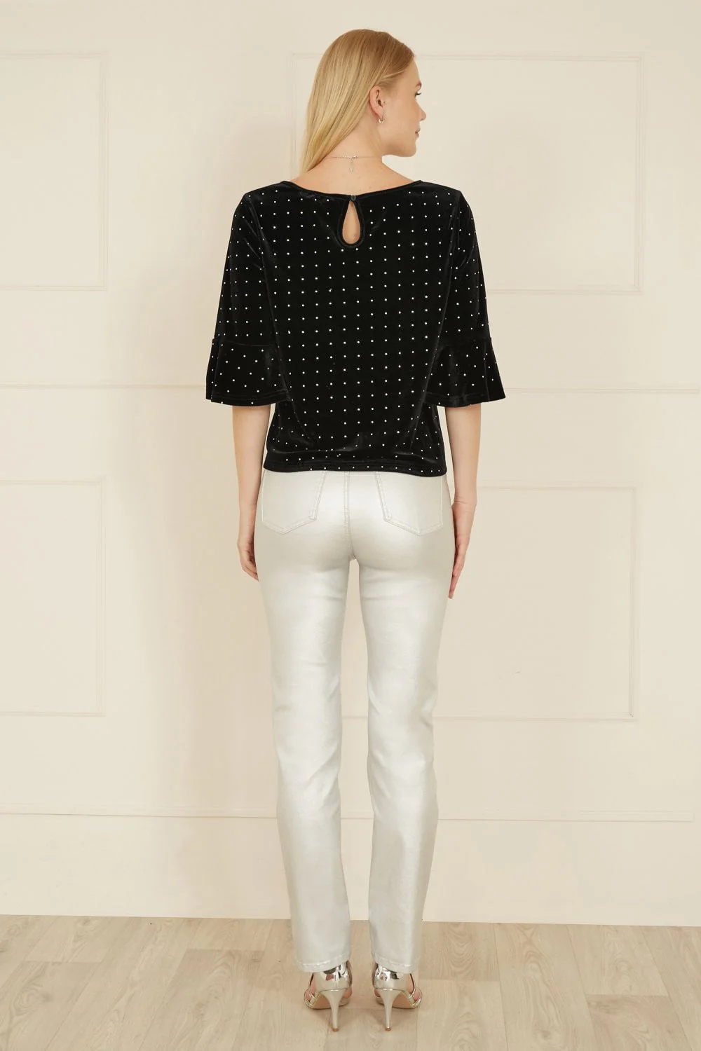 Yumi Black Stud Velvet Relaxed Fit Top With Fluted Sleeves - Image 3