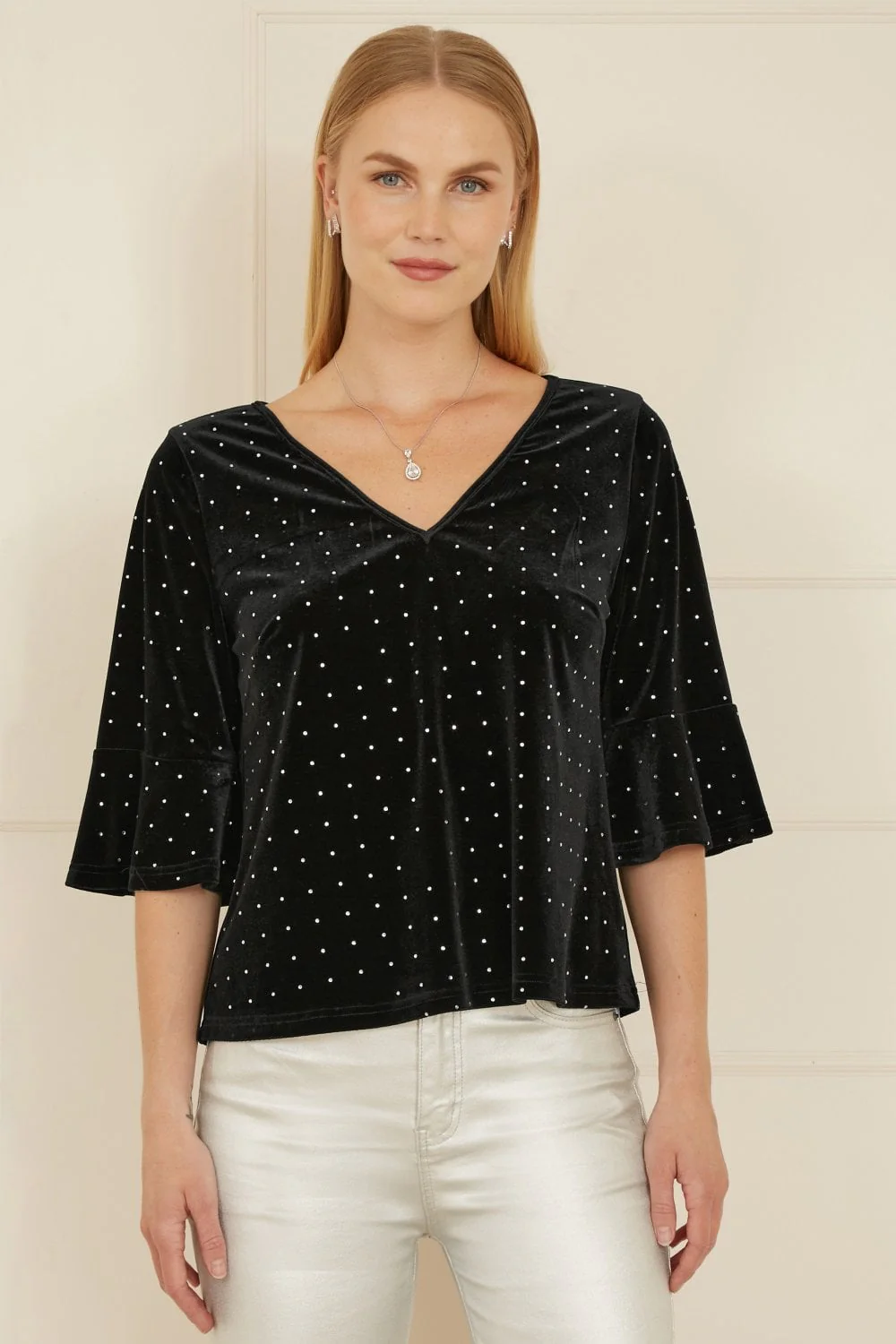 Yumi Black Stud Velvet Relaxed Fit Top With Fluted Sleeves - Image 4