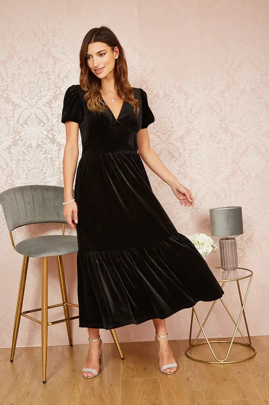 Yumi Black Velvet Midi Dress - Image 2