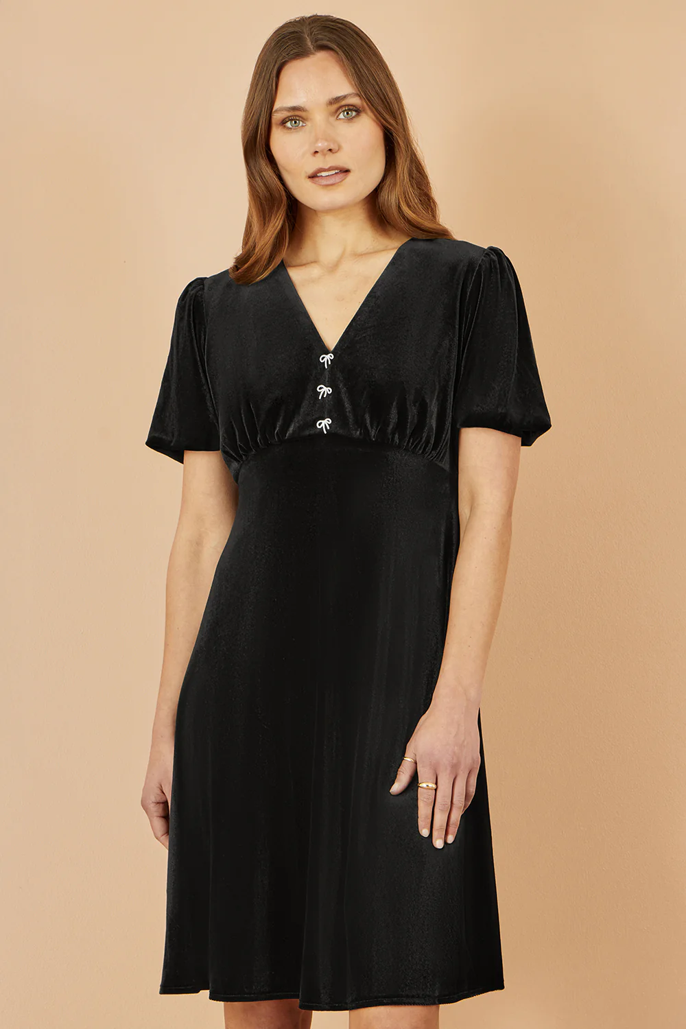 Yumi Black Velvet Skater Dress With Dimante Bow Detail - Image 3