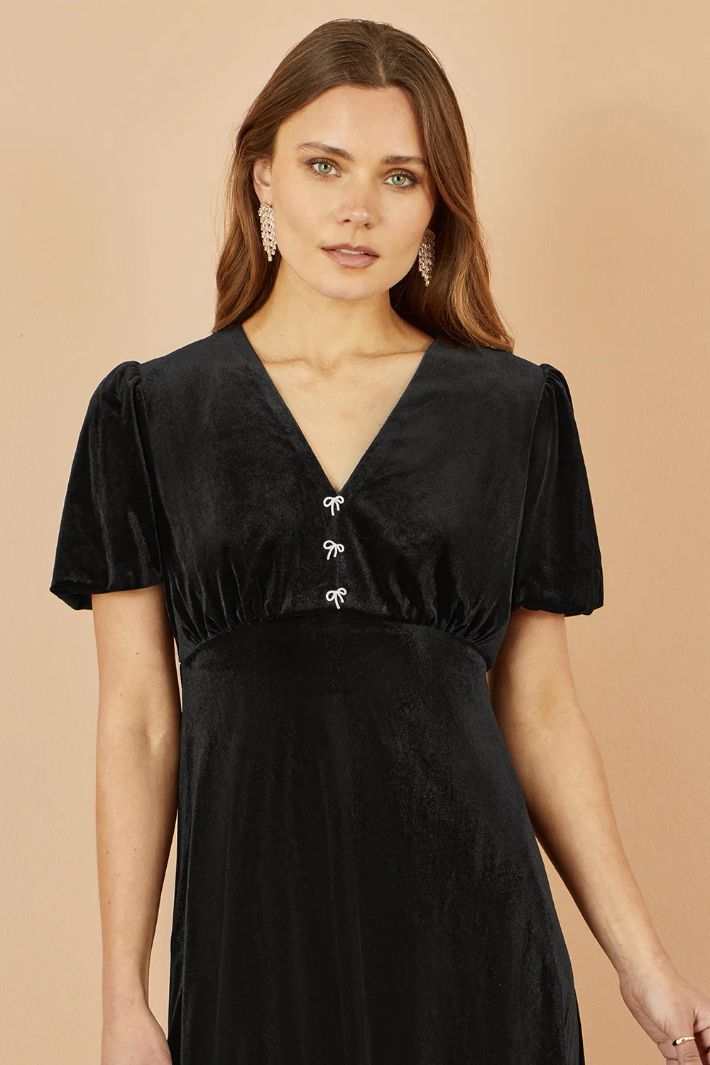 Yumi Black Velvet Skater Dress With Dimante Bow Detail - Image 5