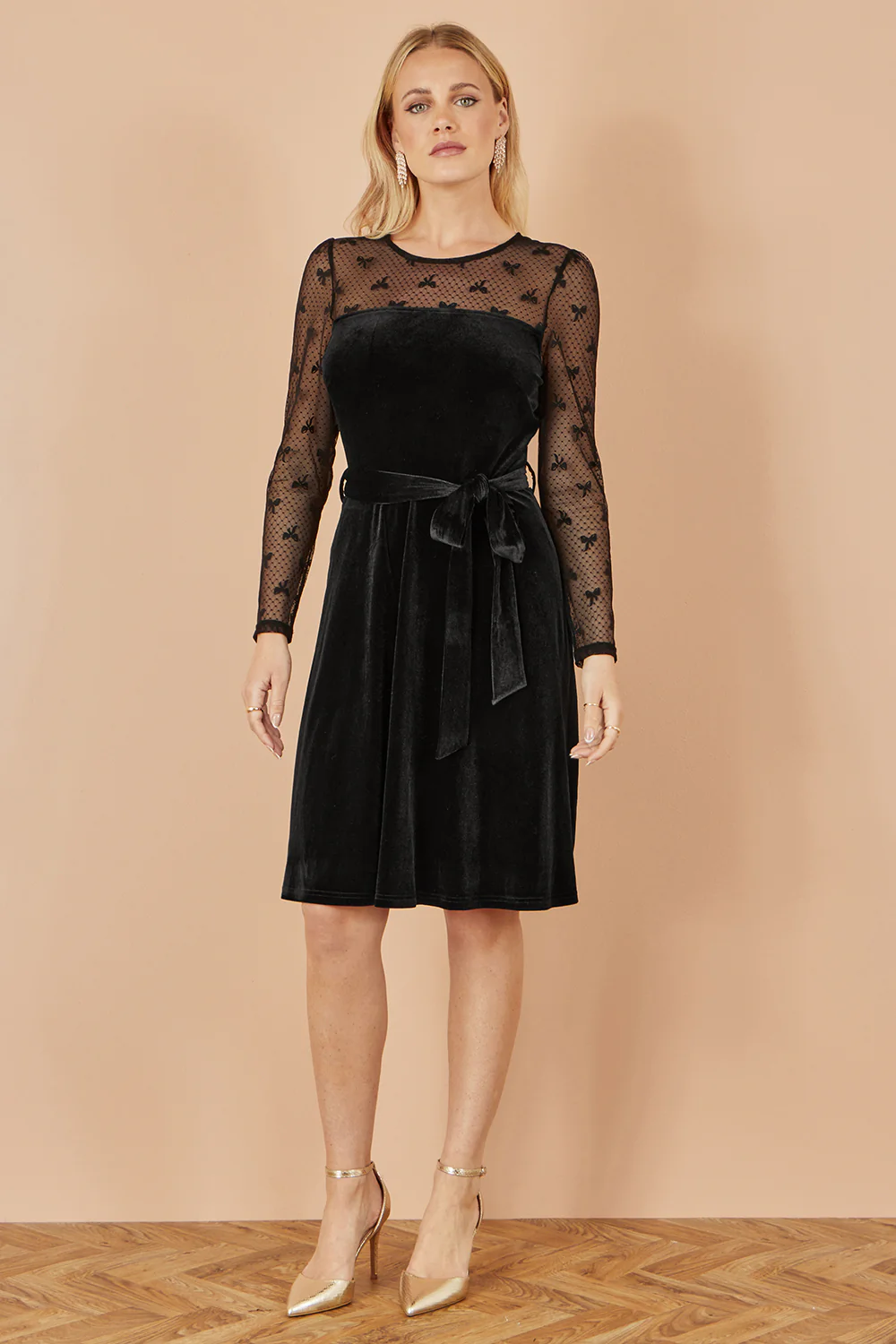 Yumi Black Velvet Skater Dress With Mesh Bow Sleeves - Image 3