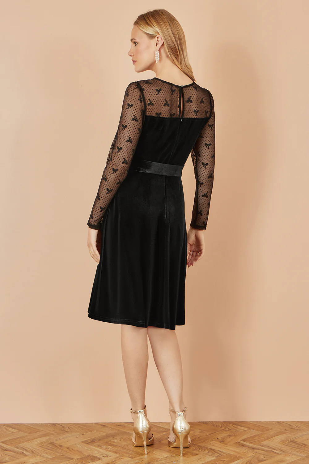 Yumi Black Velvet Skater Dress With Mesh Bow Sleeves - Image 4