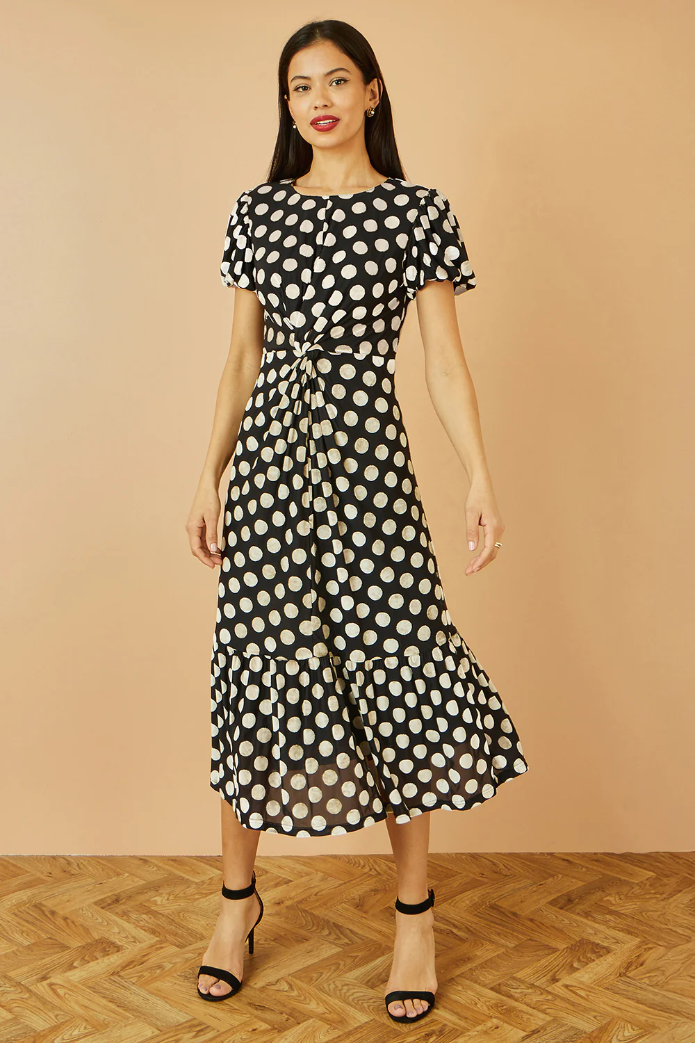 Yumi Black Velvet Spot Print Twist Knot Waist Midi Dress - Image 2