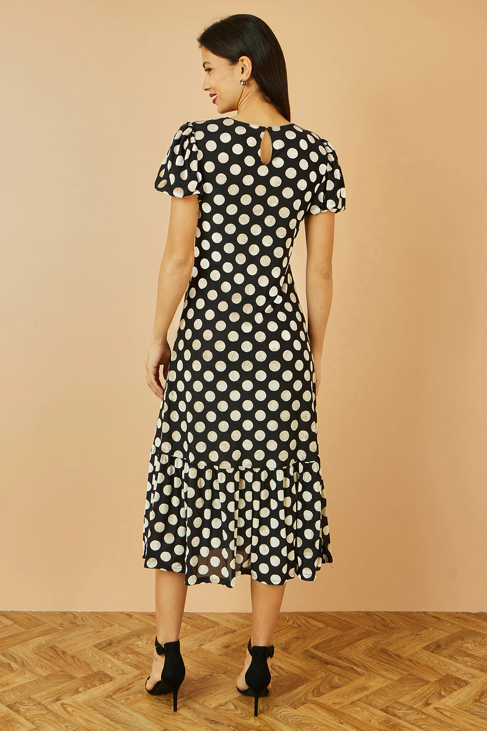 Yumi Black Velvet Spot Print Twist Knot Waist Midi Dress - Image 3