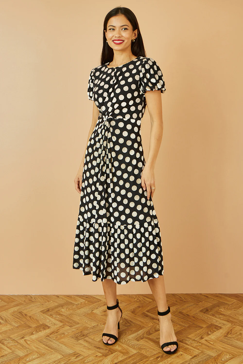 Yumi Black Velvet Spot Print Twist Knot Waist Midi Dress - Image 4