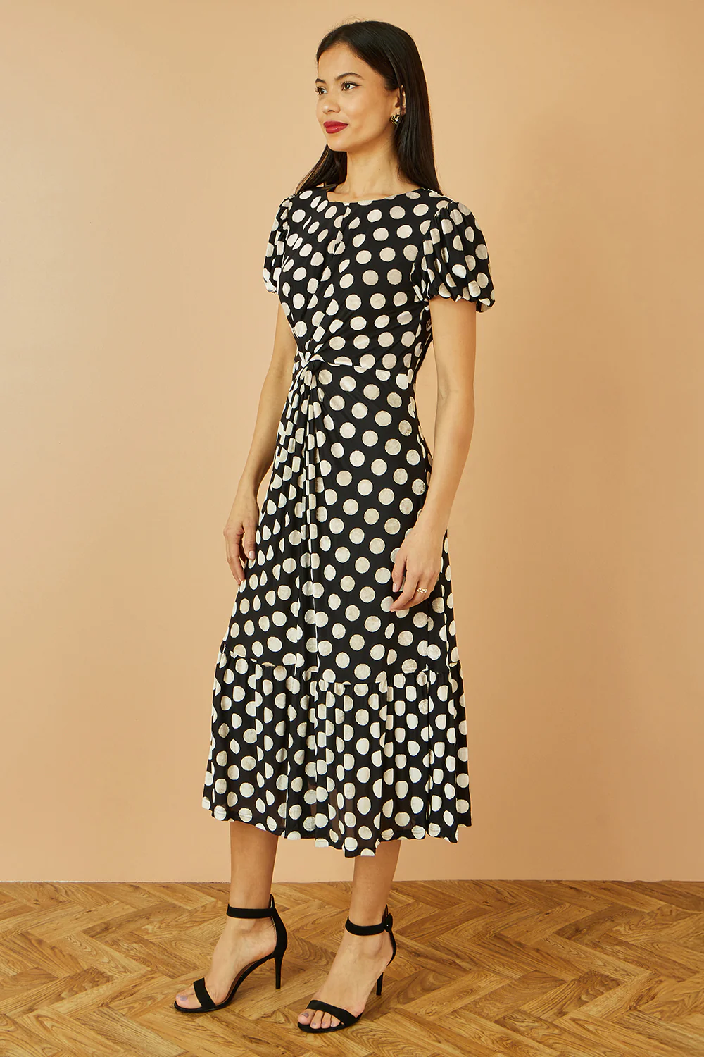 Yumi Black Velvet Spot Print Twist Knot Waist Midi Dress - Image 5