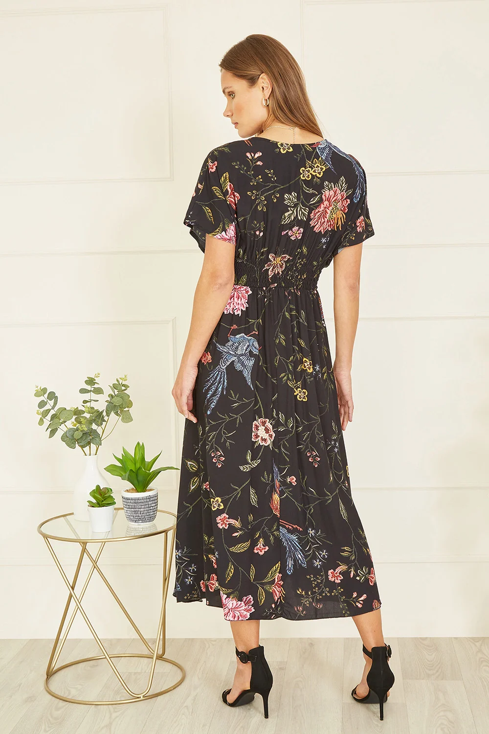 Yumi Black Viscose Bird and Floral Print Kimono Midi Dress - Image 4