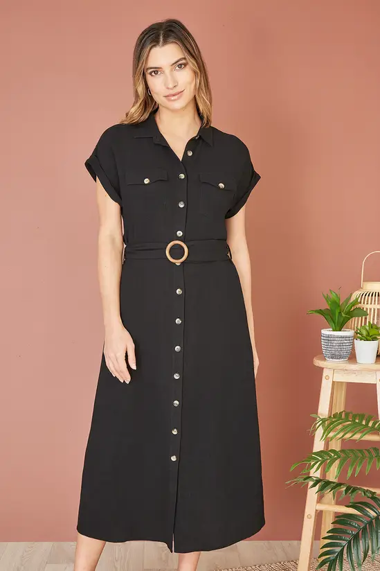 Yumi Black Viscose Linen Look Midi Shirt Dress With Wooden Belt - Image 2
