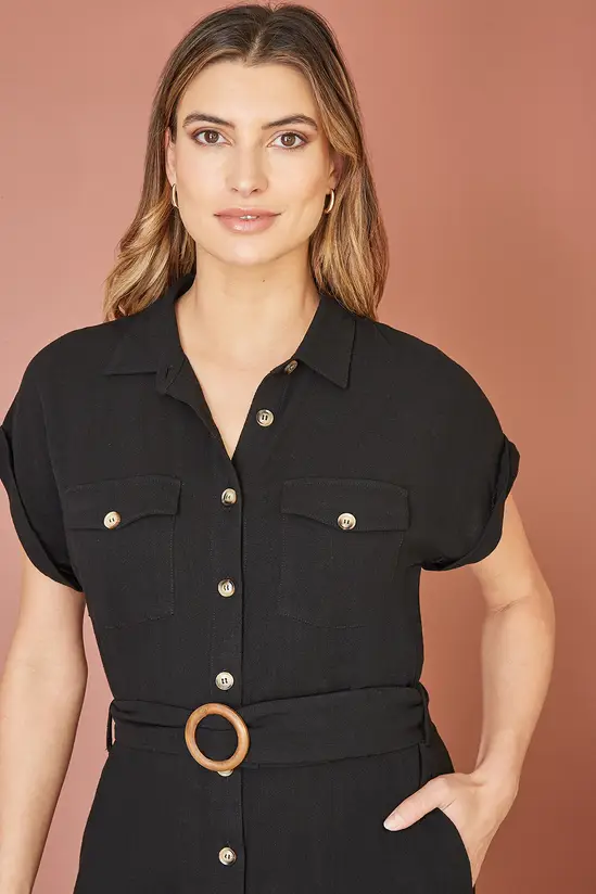 Yumi Black Viscose Linen Look Midi Shirt Dress With Wooden Belt - Image 3