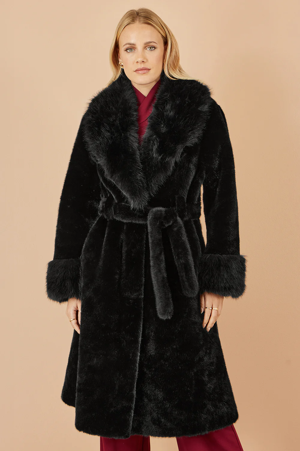 Yumi Black Wrap Faux Fur Coat With Oversize Collar - Image 3