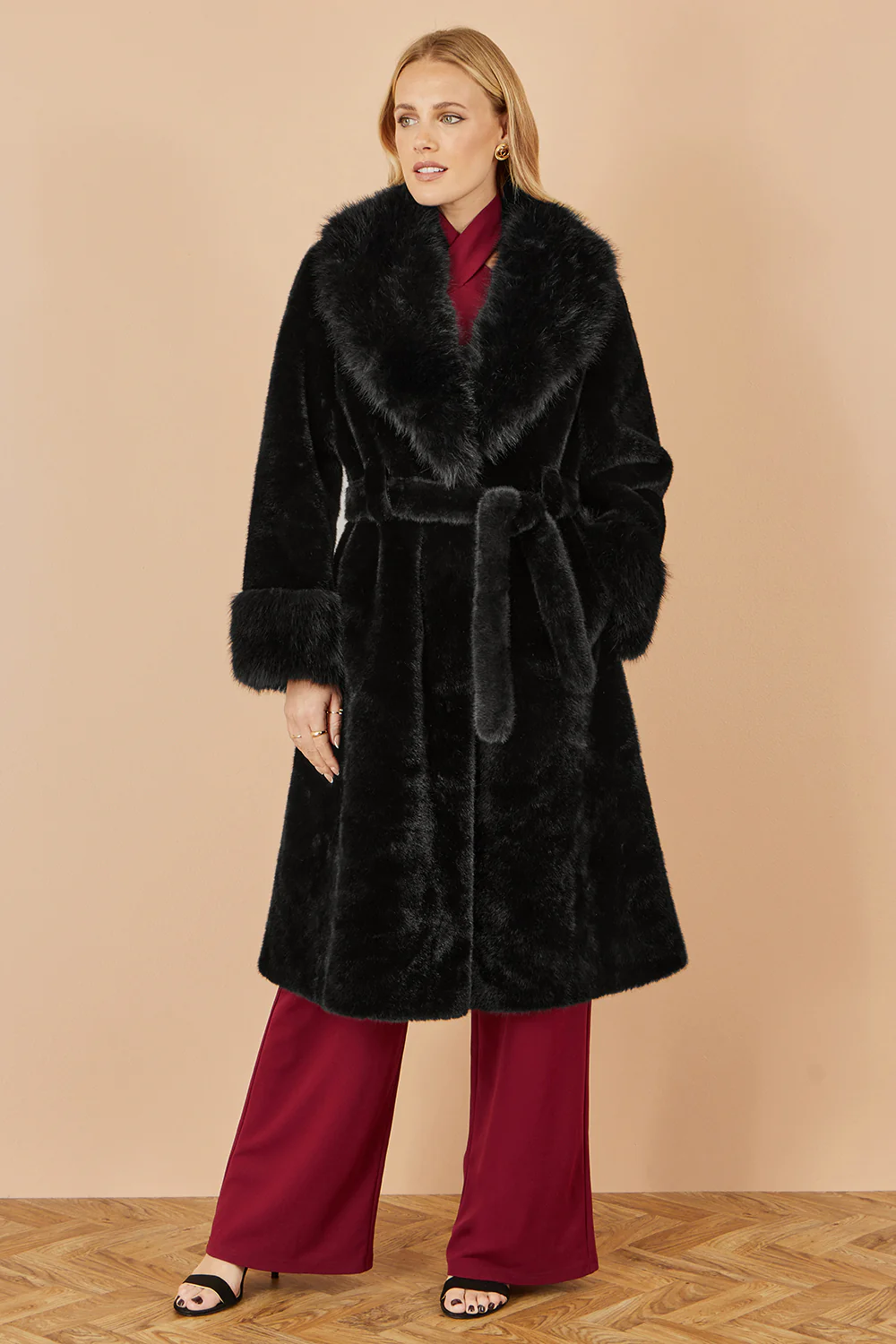Yumi Black Wrap Faux Fur Coat With Oversize Collar - Image 5