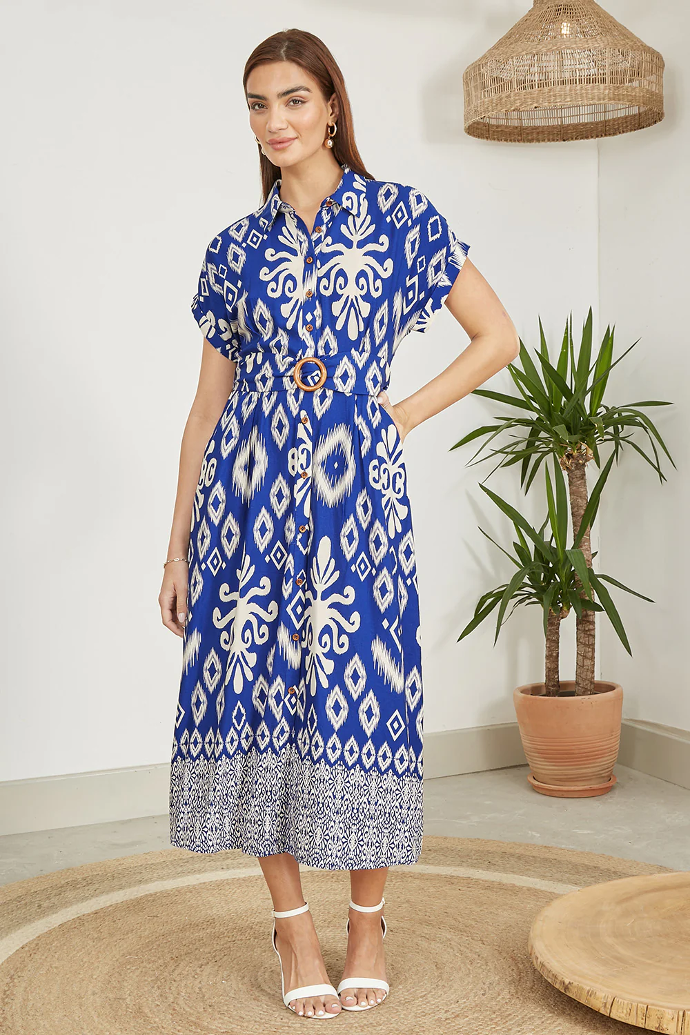 Yumi Blue Abstract Geo Print Relaxed Midi Shirt Dress With Belt - Image 4
