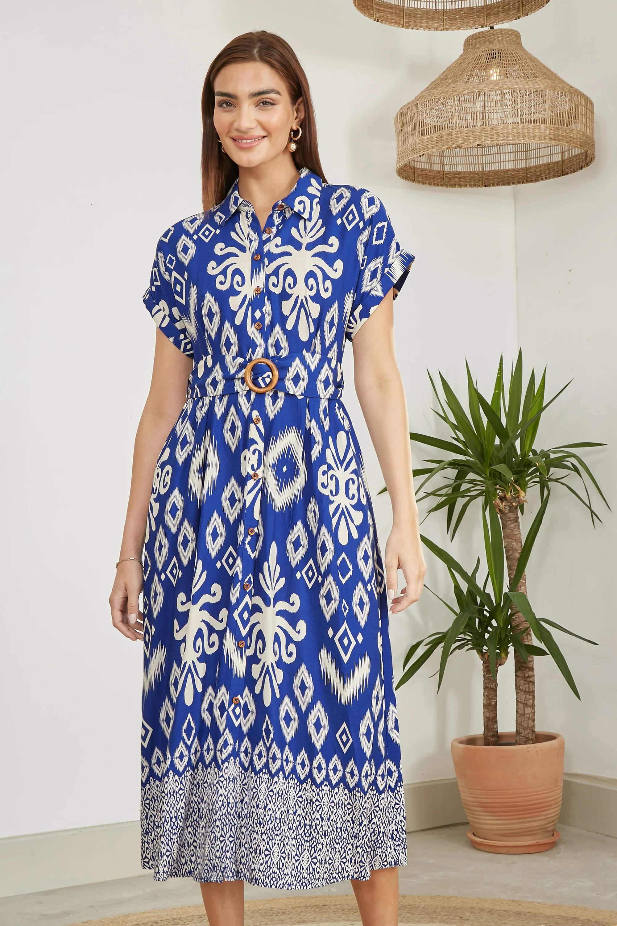 Yumi Blue Abstract Geo Print Relaxed Midi Shirt Dress With Belt - Image 6
